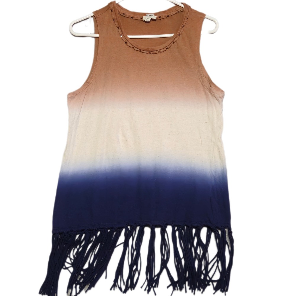 Umgee Tank Top Women M Brown Blue Ombre Dip Dye Fringe Boho Sleeveless Tunic